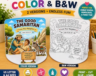 Good Samaritan Bible Craft Printable, Color and B&W Diorama, Luke 10, Love Your Neighbor