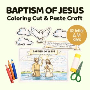 Op de afbeelding: Een kleur- en knutselpakket met het thema "DOOP VAN JEZUS". De afbeelding toont een scène van de doop van Jezus, een duif, wolken en kleurpotloden. De tekst "US letter & A4 Sizes" is ook aanwezig.