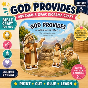 Może przedstawiać: Zestaw do samodzielnego wykonania dioramy zatytułowany GOD PROVIDES ABRAHAM & ISAAC z ilustracją przedstawiającą Abrahama, Izaaka i barana na pustyni oraz tekst The LORD will provide Genesis 22:14, przeznaczony do druku na papierze A4 i US Letter.