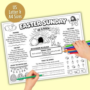 May include: Black and white Easter Sunday coloring page with the text "He is Risen". Includes illustrations of Easter eggs, a tomb, and Jesus. Features prompts for prayers, fun facts, and tracing words. Includes US Letter & A4 sizes.