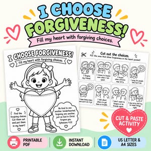 Puede incluir: Una hoja de actividades imprimible titulada I Choose Forgiveness con una ilustración central de un niño sosteniendo un bolsillo grande en forma de corazón. La página incluye texto, un versículo bíblico y una sección separada con ocho cuadrados recortables que representan varios escenarios sociales.