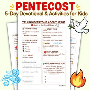 May include: A colorful, illustrated page from a 5-day devotional for kids, titled "Pentecost." The page includes text about sharing the good news, a dove, flames, and prompts for reflection and prayer. Day 4 of 5.