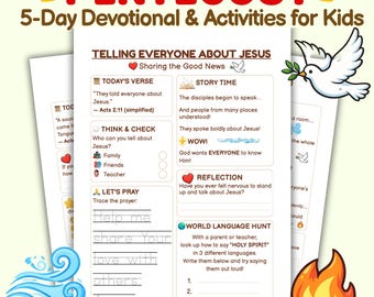 Devocional de Pentecostés para niños, programa de escuela dominical de 5 días, recurso para el ministerio infantil, estudio bíblico.