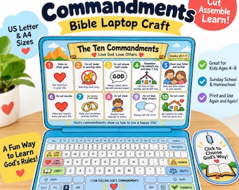 Ten Commandments for Kids, Sunday School Bible Activity, Printable Bible Laptop Craft, Exodus 20