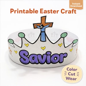 Puede incluir: Una corona imprimible de manualidades de Pascua con la palabra "Salvador" en morado y una ilustración de una cruz. La corona presenta círculos verdes, corazones amarillos y el texto "Printable Easter Craft". La imagen también incluye el texto "Instant Download" y "Color Cut Wear".
