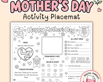 Mantel individual imprimible para el Día de la Madre / Hoja de actividades para niños / Página para colorear "Todo sobre mamá"