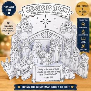 May include: A black and white printable nativity scene craft featuring Jesus, Mary, Joseph, angels, shepherds, wise men, and animals. The text reads JESUS IS BORN, GLORY TO GOD IN THE HIGHEST, and Today in the town of David a Savior has been born to you.