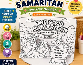 Good Samaritan Bible Craft Printable, Love Your Neighbor Diorama, Luke 10 Sunday School Craft