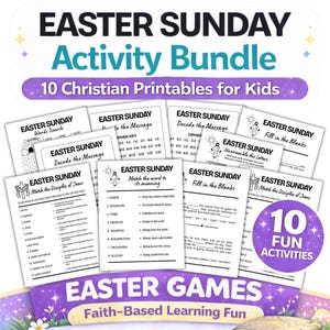 Paquete de actividades del Domingo de Pascua para niños / Juegos cristianos de Pascua imprimibles / Búsqueda de palabras bíblicas, decodificación