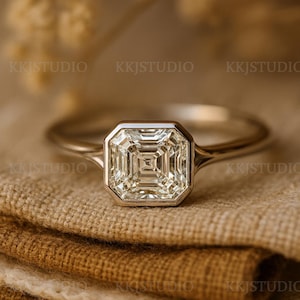 Asscher Cut Engagement Ring, Bezel Set Diamond Ring, Gold Solitaire Ring, Vintage Style Wedding Ring, Minimalist Jewelry for Her Handmade