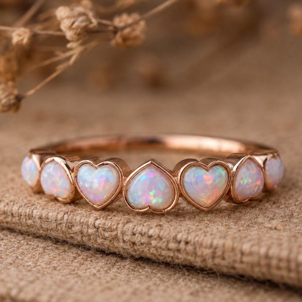 Opal Heart Ring, Dainty Opal Ring, Minimalist Ring, Stacking Ring, October Birthstone Ring, Gift For Her, Anniversary Birthday Gift For Her