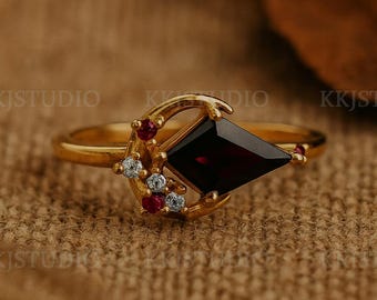 Art Deco Garnet Ring, Vintage Cluster Diamond Ring Rose Gold East To West Moon Star Engagement Ring Gemstone Unique Wedding Ring For Love