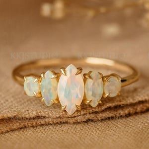 Unique Marquise White Opal Engagement Ring, 14k Solid Yellow Gold Art Deco Ring, Dainty Bridal Eternity Jewelry, Wedding Promise Ring Gift