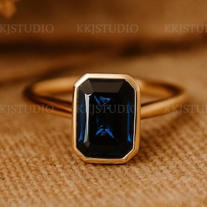 Emerald Cut Blue Sapphire Ring, Full Bezel Set Solitaire, 14K Solid Gold Minimalist Engagement Ring, September Birthstone Jewelry Gift