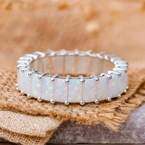Baguette Cut Fire Opal Wedding Band, Full Eternity Sterling Silver Unique Stacking Band, October Birthstone, Anniversary Band Christmas Gift