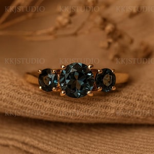 14K Rose Gold London Blue Topaz Engagement Ring, Round Cut Solitaire Ring, Stackable December Birthstone, 3 Stone Topaz Promise Wedding Ring