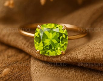Cushion Cut Peridot Ring, August Birthstone Engagement Ring, Solitaire Peridot Ring, Minimalist Gold Ring, Dainty Green Gemstone Ring