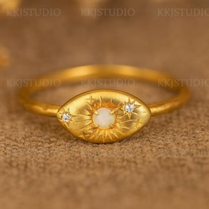 Vintage Style White Opal Small & Dainty 14k Yellow Gold Engagement Ring, Tiny Women&#39;s White Opal Promise Ring For Her, Anniversary Gift Ring