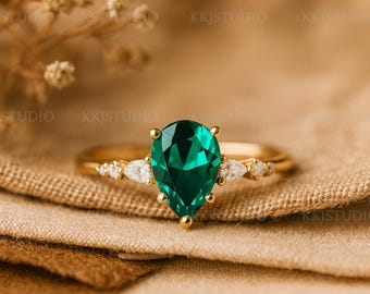 Anillo de oro con esmeralda talla pera, oro de 14k, para mujer. Anillo de esmeralda, piedra natal de mayo, anillo de diamantes, regalo personalizado de aniversario.