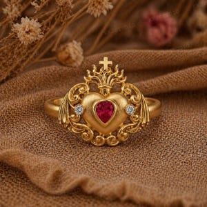 Puede incluir: Un anillo dorado con una piedra preciosa roja en forma de corazón y dos piedras claras más pequeñas. El anillo tiene un diseño ornamentado con una cruz en la parte superior, sobre un fondo marrón.