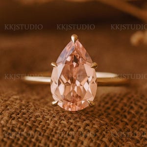 ペアーモルガナイト 14K イエローゴールドリング：スターリングシルバーのプロミスリング、ソリティアエンゲージリング、彼女へのブライダルウェディングジュエリー、記念日の贈り物