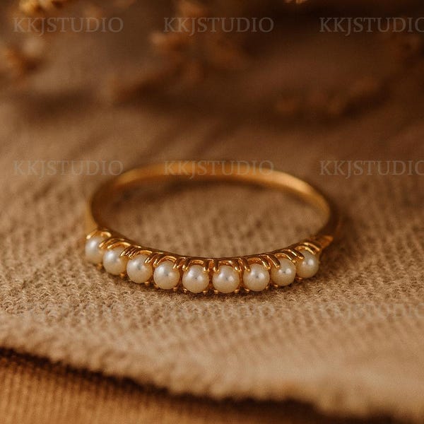 Obrączka ślubna z perłami w stylu vintage, obrączka do łączenia w stosy, obrączka z różowego złota z półwiecznością, delikatny kamień urodzinowy z czerwca, spersonalizowany prezent dla kobiet
