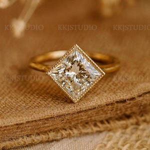 Princess Cut Moissanite Wedding Ring, East West Diamond Engagement Ring, Solitaire Anniversary Ring, Gorgeous Full Milgrain Bezel Set Ring.