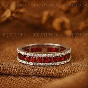 Princess Cut Garnet Wedding Band, 14K Rose Gold Bridal Band, Full Eternity Stacking Diamond Band, January Birthstone Jewelry, Promise Gift