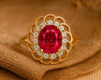 Anillo ovalado con halo de rubí y moissanita, anillo de compromiso vintage floral con rubí, anillo llamativo con la piedra de nacimiento de julio, anillo de oro de estilo antiguo.