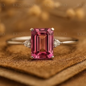 Unique Emerald Cut Pink Sapphire Engagement Ring, 18k Solid Gold Handmade Art Deco Ring, Birthday Gift For Women, Valentines Gift For Her