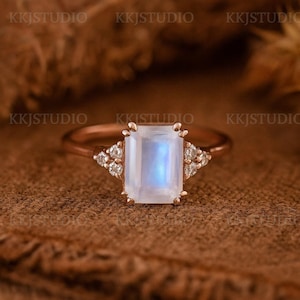 Antique Emerald Cut Moonstone Engagement Ring, Unique 14k Gold Cluster Ring, Handmade Art Deco Promise, Proposal, Bridal Ring, Gift For Her
