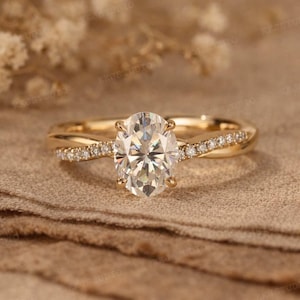 Oval Moissanite Engagement Ring, Infinity Twist Band, Round Accent Stones, Dainty Bridal Ring, Minimalist Proposal Ring, Diamond Alternative
