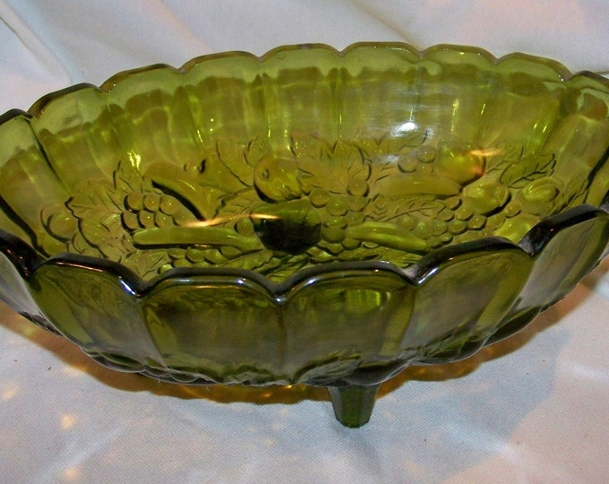 Vintage Large Green Glass Footed Center Fruit Bowl 3D Fruit Designed