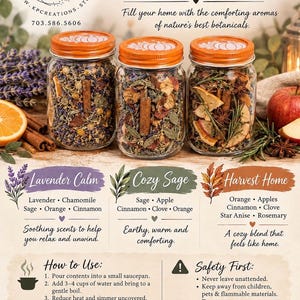 May include: Three glass jars with orange lids containing botanical potpourri labeled Nature's Simmering Steamers. The jars feature dried ingredients like lavender, apple slices, cinnamon sticks, and star anise. Text includes instructions for use and safety warnings.