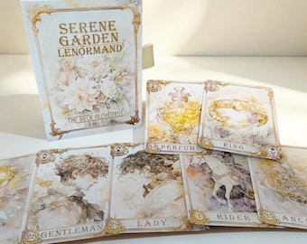 May include: A deck of Serene Garden Lenormand cards with a matching box. The box and cards feature floral and portrait illustrations in soft colors. The cards are labeled with words like "Perfume", "Ring", "Gentleman", and "Lady".