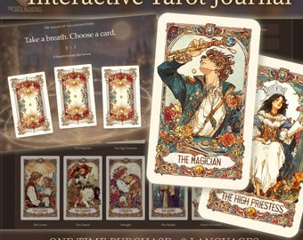 May include: An interactive tarot journal browser app featuring the text Interactive Tarot Journal, The Magician, and The High Priestess. The interface displays digital tarot cards with ornate borders, floral motifs, and figures in historical attire.