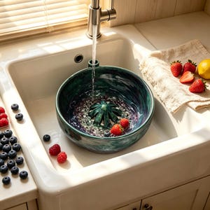Puede incluir: Un colador de cerámica verde y azul con un diseño en forma de hoja en el centro, bajo el agua corriente. Fresas, frambuesas y arándanos frescos están colocados alrededor del fregadero. También se ve un limón y un paño de lino.