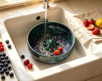 Handmade Ceramic Berry Bowl with Drain Hole, Swirl Glaze Fruit Washing Strainer, Cottagecore Kitchen Decor, Housewarming Gift