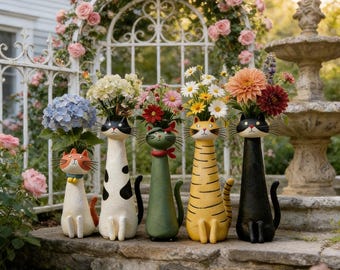 Jarrón artesanal con forma de gato / Jarrón de cerámica con forma de gato / Decoración adorable con forma de animal para el hogar y el jardín / Regalo para amantes de mamá