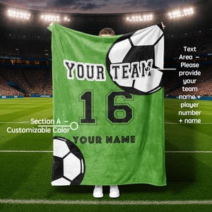Custom Soccer Blanket with Team Name, Number and Player Name, Personalized Soccer Gift for Players, Coaches & Fans, Flannel Throw