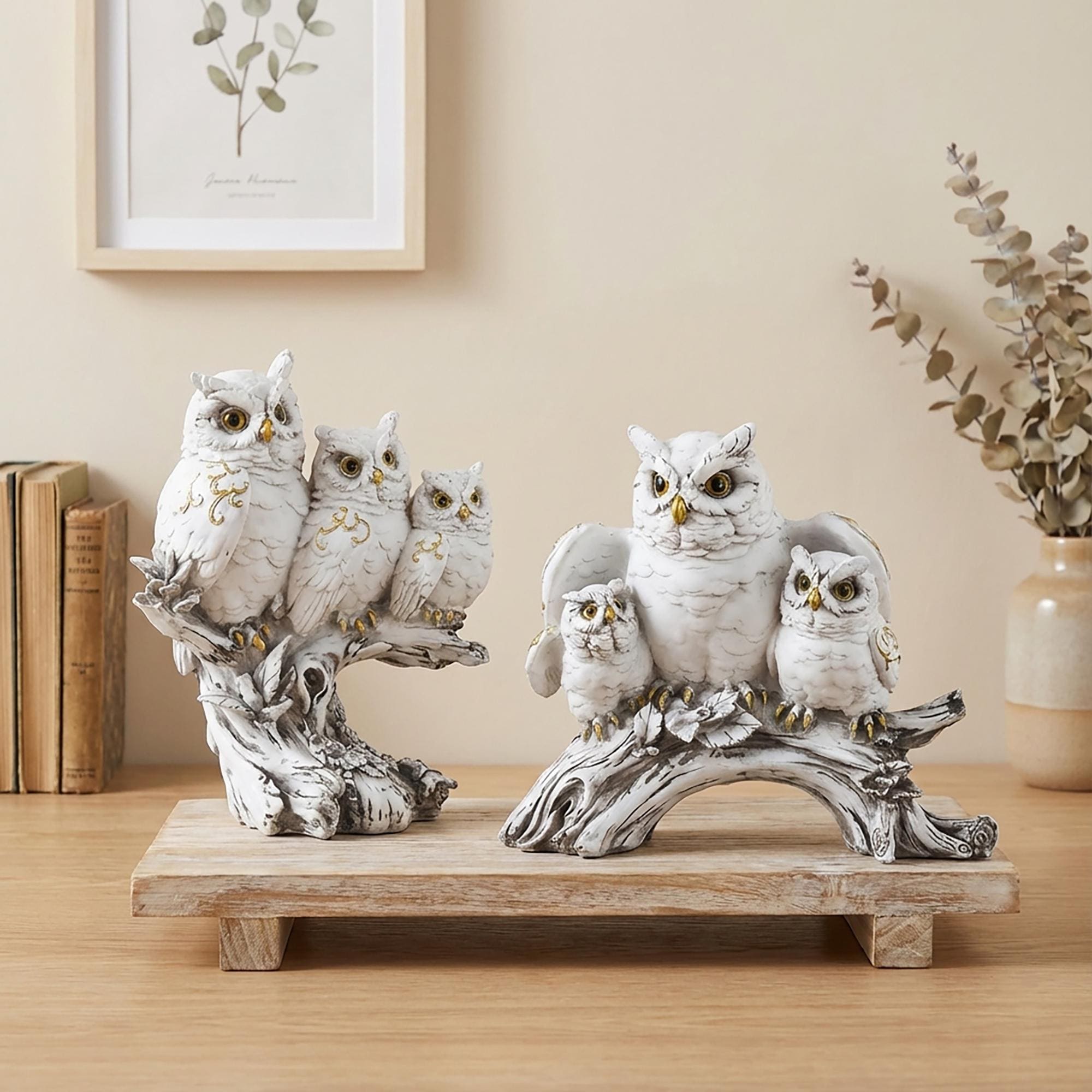 Modern Owl Family Resin Sculpture | Minimalist Home Decor Figurine | Tree Branch Owl Statue | Living