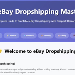 May include: A webpage titled "eBay Dropshipping Mastery" with a shopping cart icon. The page includes the text "Complete Guide to Profitable eBay Dropshipping with Terapeak Research" and a section titled "Welcome to eBay Dropshipping".