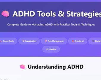 May include: A digital graphic with the title "ADHD Tools & Strategies" in white text on a purple background. The image includes a pink brain graphic and several topic buttons, including "Understanding" and "Focus Tools."