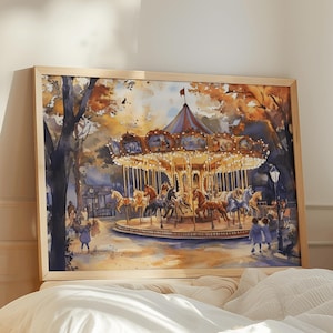 Whimsical Carousel in Playground Art Print | Watercolor Merry-Go-Round Wall Art | Vintage Merry Go Round | Carnival Decor | Kids Room Decor
