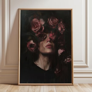 Flower Head Woman Surreal Portrait Print | Roses Head Lady Art Print | Red Floral Head Girl Wall Art | Dark Moody Printable | Feminine Art