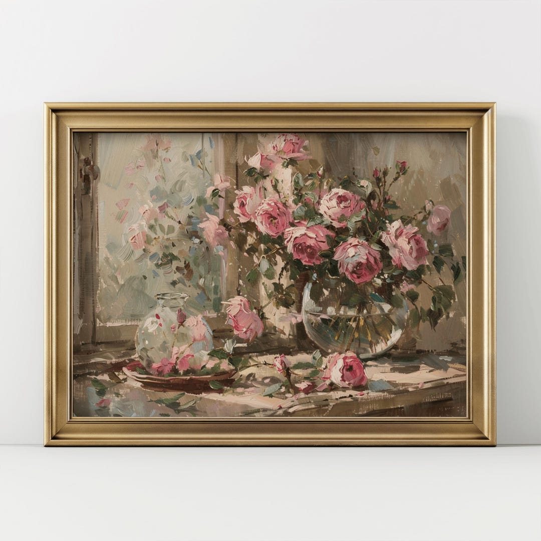 Impressionist Pink Rose Still Life Painting, Vintage Floral Art ...