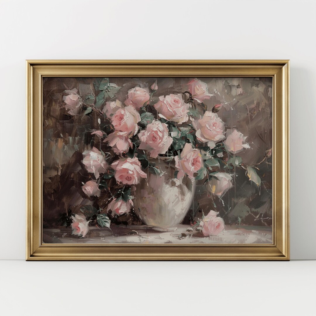 Vintage Pink Roses Art Print | Moody Floral Vase Painting (digital ...