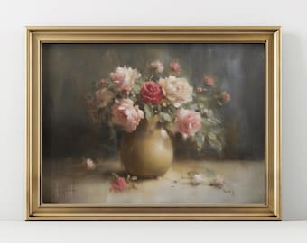 Vintage Rose Oil Painting Print, Moody Floral Vase Art (Digital Download)