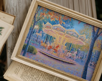 Carousel Nursery Art Print | Whimsical Carnival Landscape | Merry Go Round Painting (Instant Download)