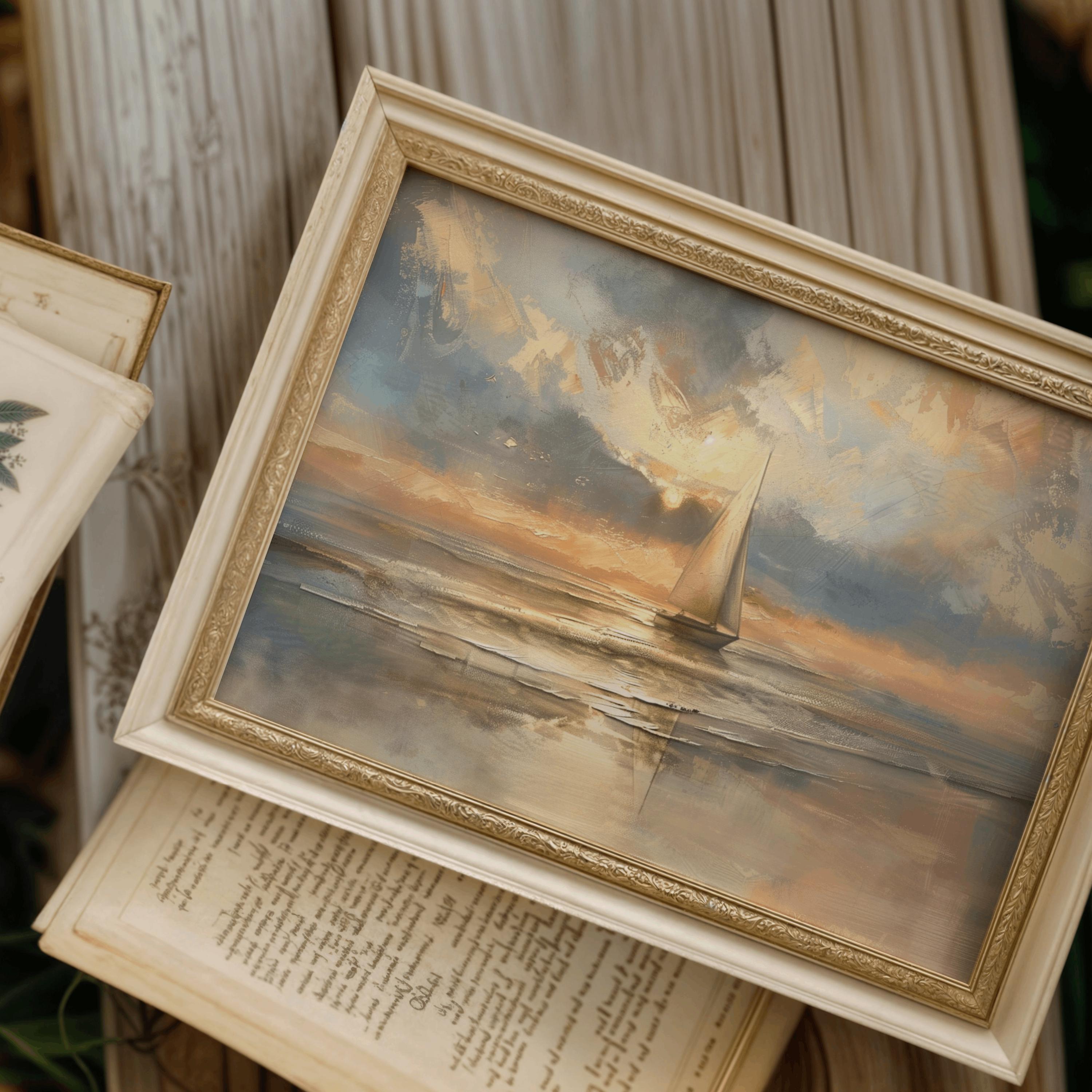 帆船絵画プリント オリジナル本物ヴィンテージプリント 1930年頃 航海用帆船ガレオン船